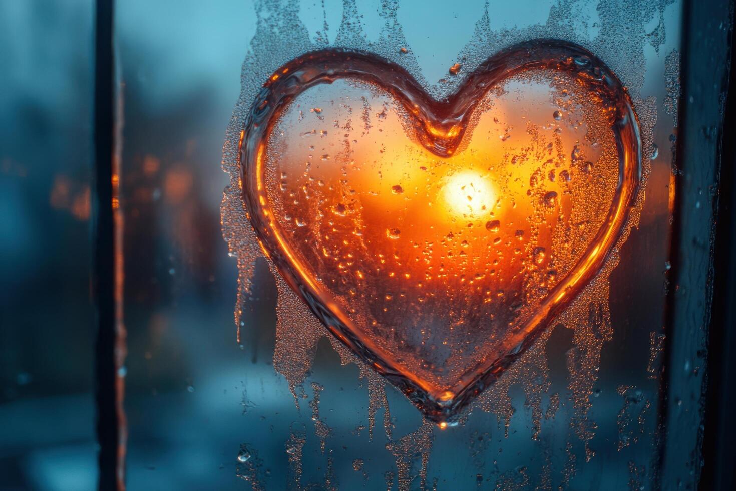 Heart on window with rain and sun photo