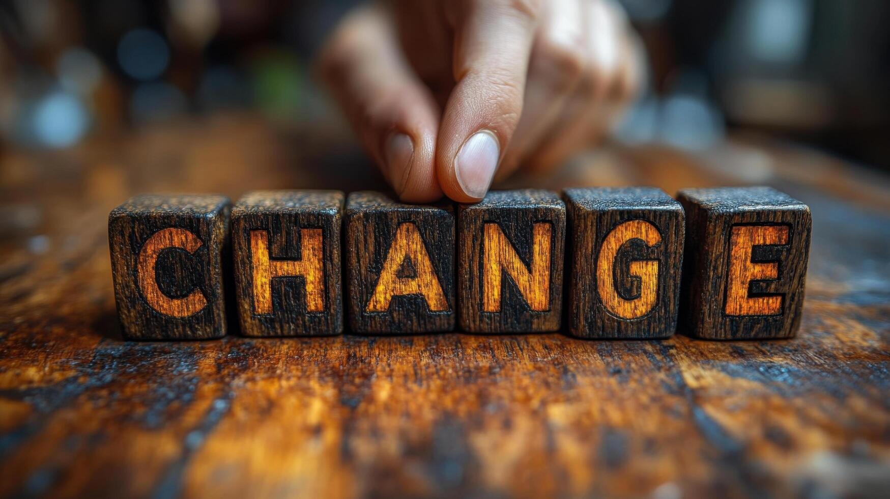 Hand adjusting wooden blocks to spell change on a rustic table in a cozy indoor setting photo