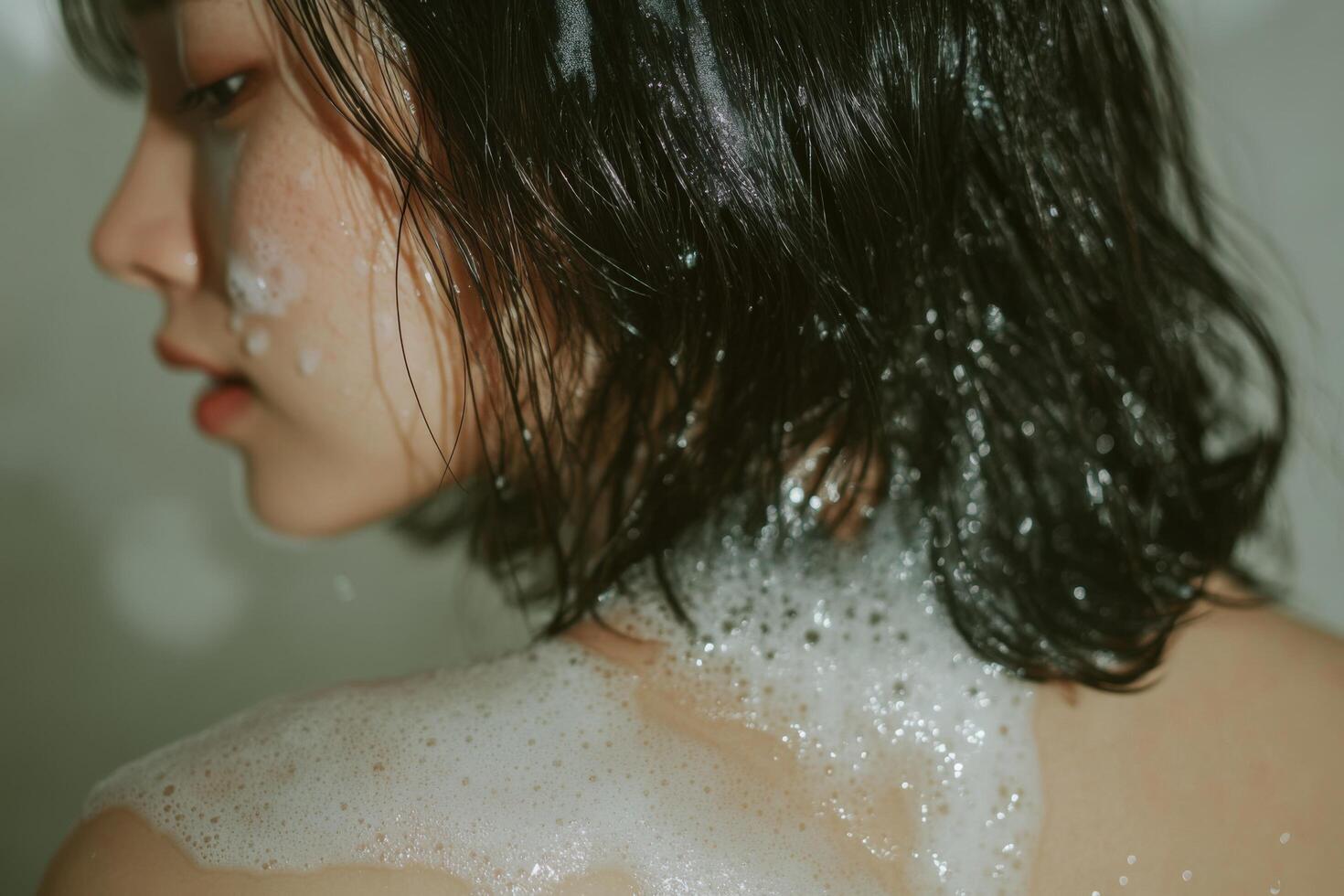 A woman with a shower head on her back photo