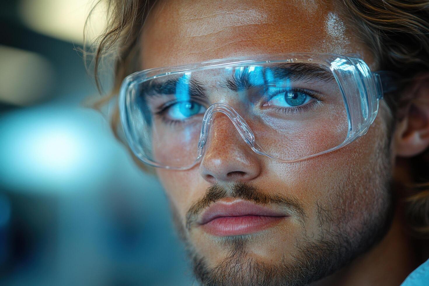 A man wearing safety glasses and a blue shirt photo