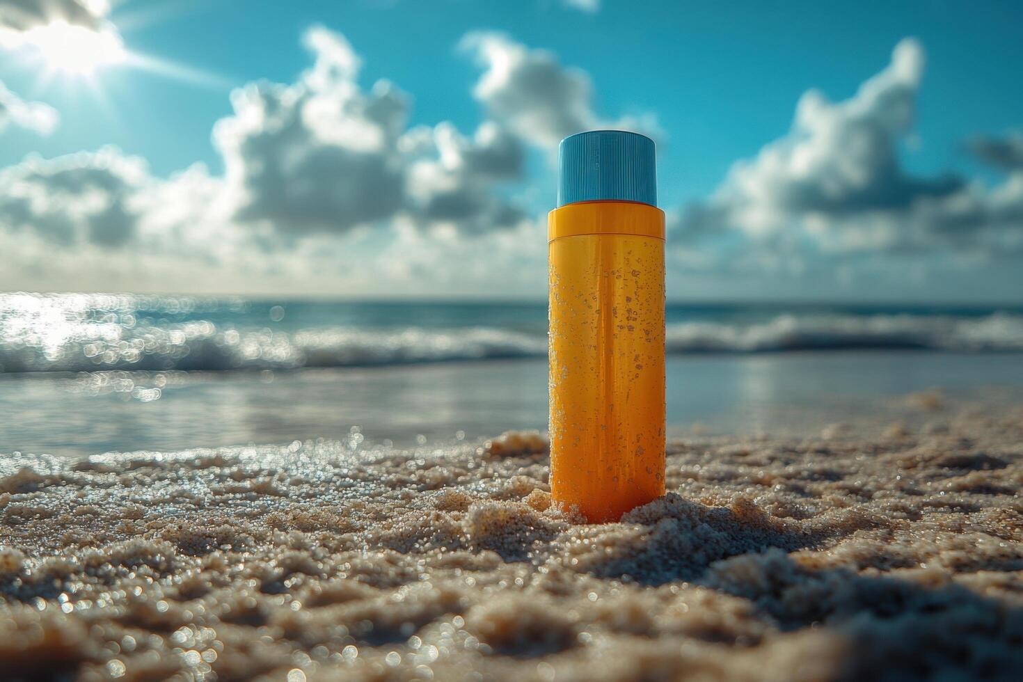A bottle of sunscreen on the beach photo