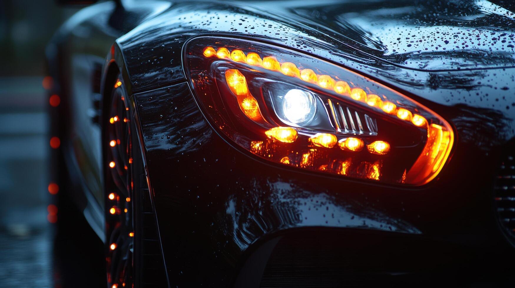 Stylish black sports car with illuminated headlights parked on a rainy street at dusk photo