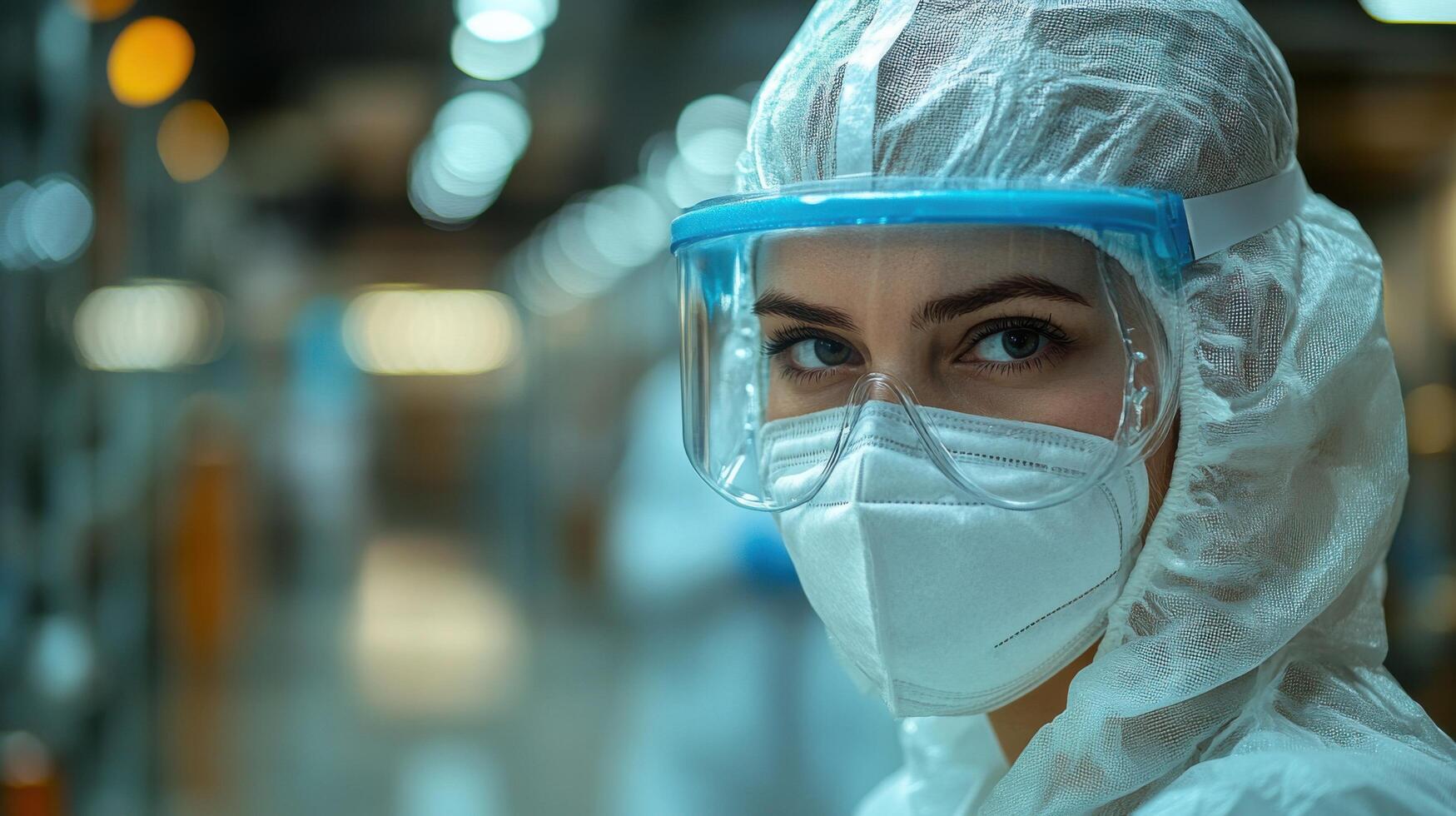 Healthcare worker in protective gear surveys a medical facility during a pandemic response in daylight photo