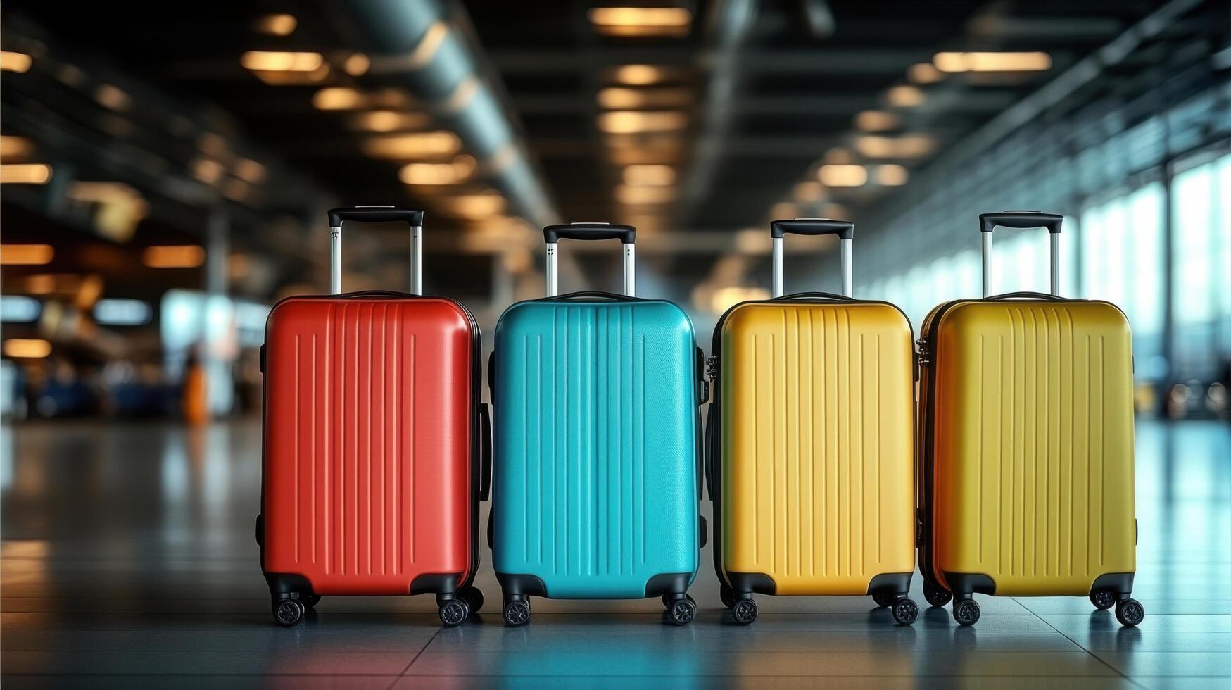 Vibrantly colored suitcases lined up in a modern airport terminal during daytime travel photo