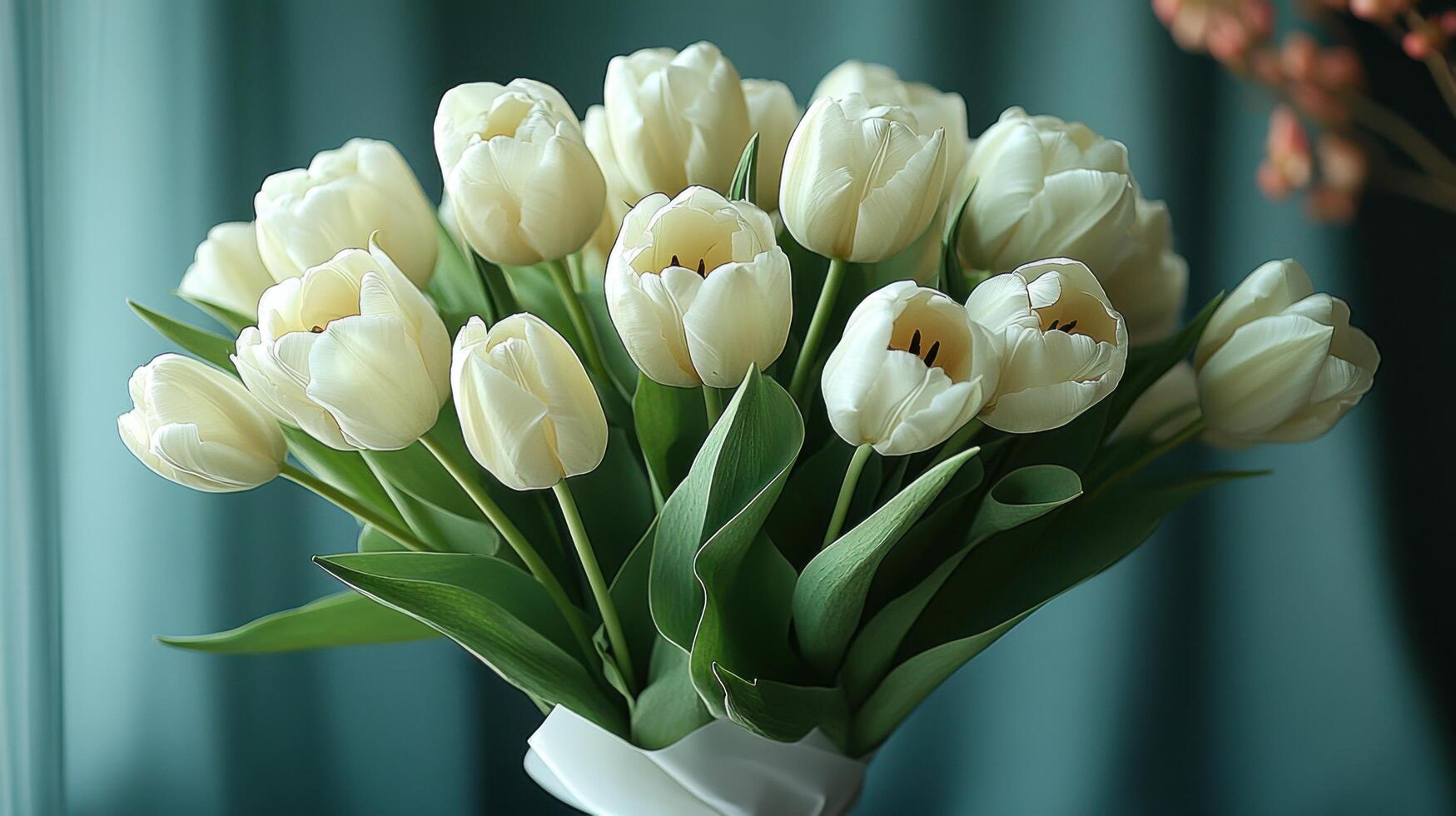 Beautiful bouquet of white tulips arranged elegantly indoors on a decorative table photo