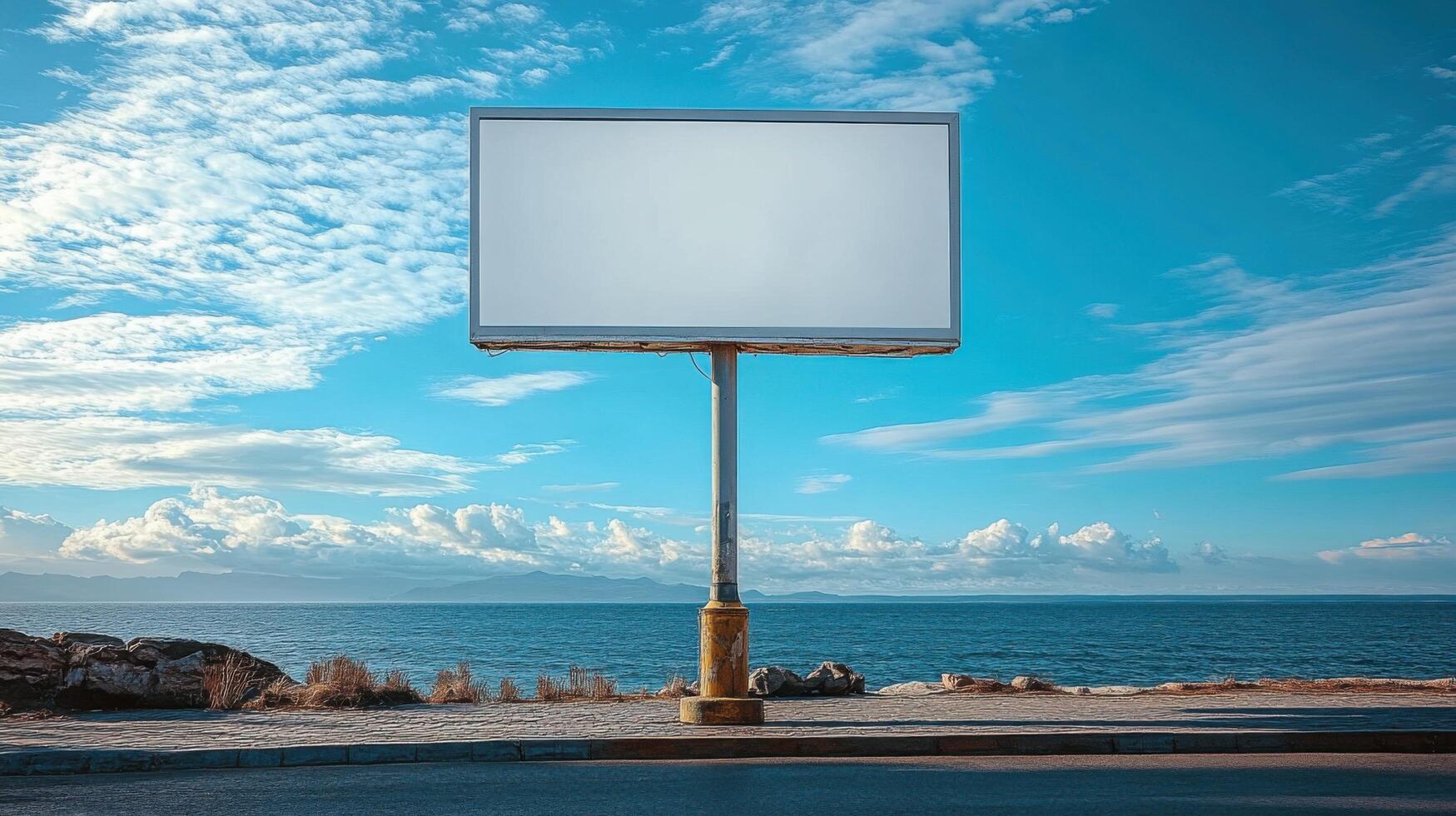 Blank billboard stands against a serene seaside backdrop at dusk, inviting creativity and inspiration from passersby photo