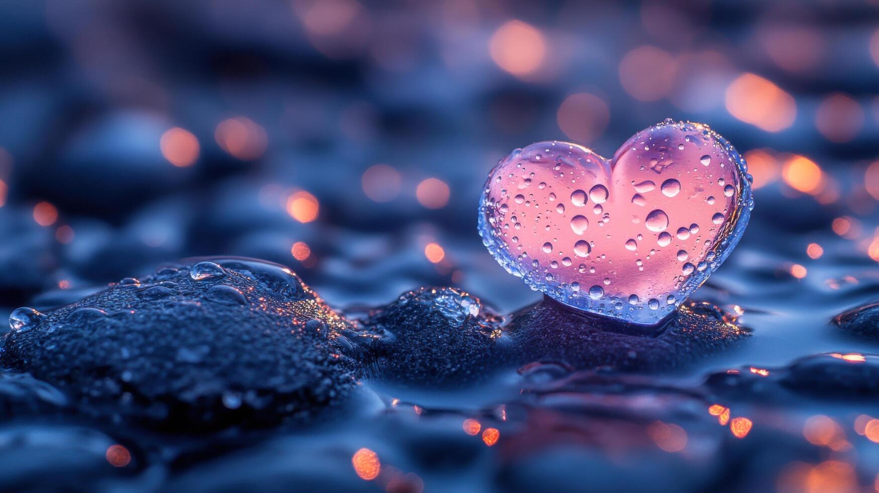 Delicate heart-shaped ornament resting on wet stones with soft reflections at dusk photo