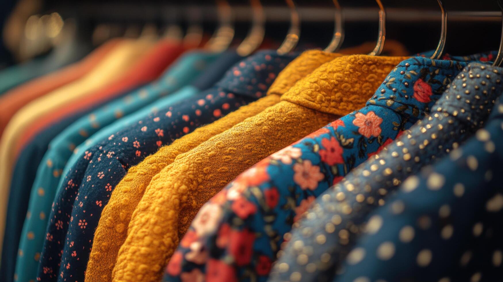 Colorful shirts hanging on display in a boutique during late afternoon photo