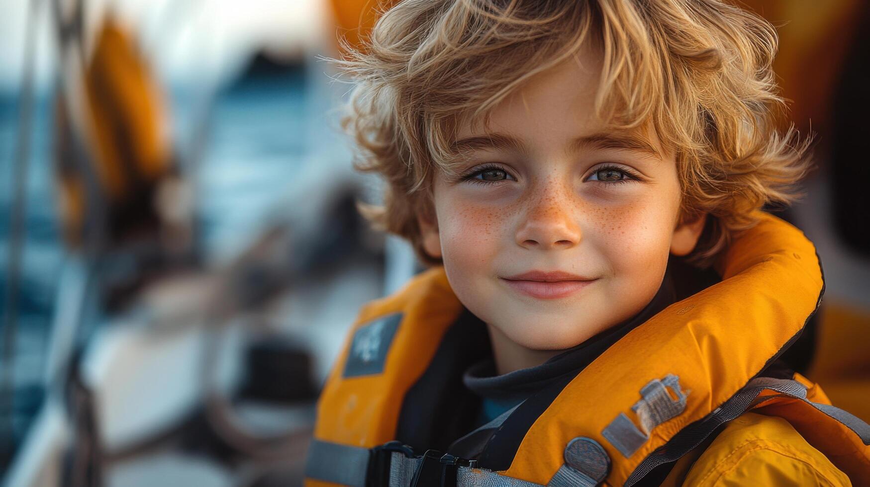Young boy smiles joyfully while wearing a life jacket on a boat during a sunny day at sea photo