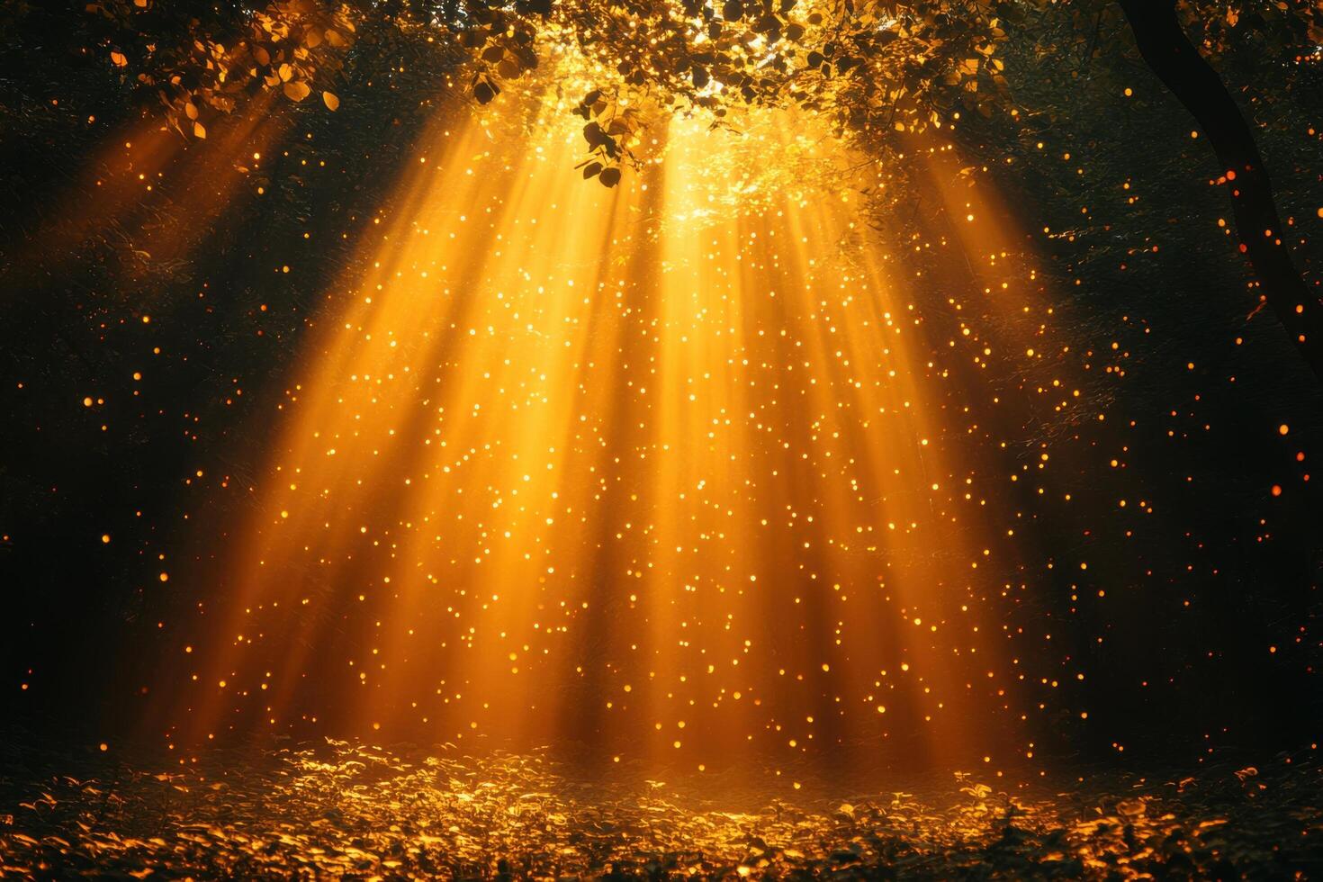 Sunbeams shining through the leaves of a forest photo