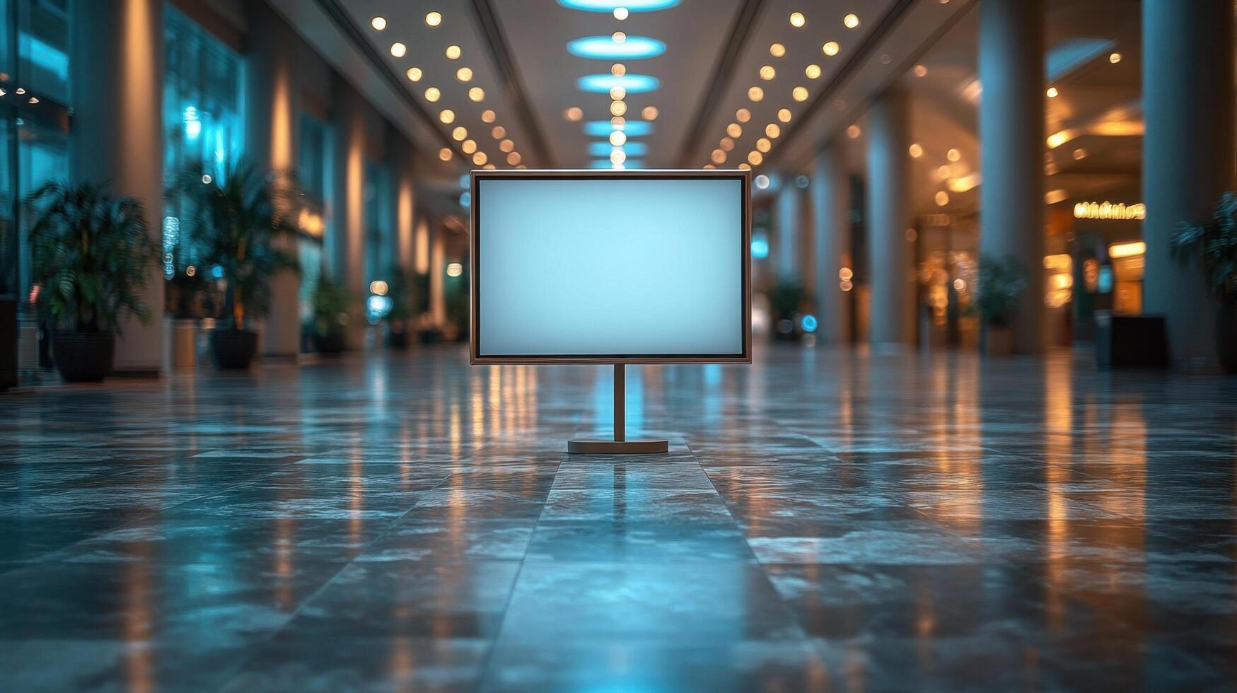 Empty digital display in a modern lobby with ambient lighting and polished floors at night photo