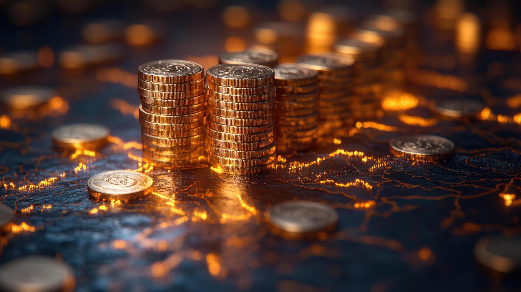 Stacks of shiny coins illuminating a dark surface with glowing map outlines in the background at dusk photo