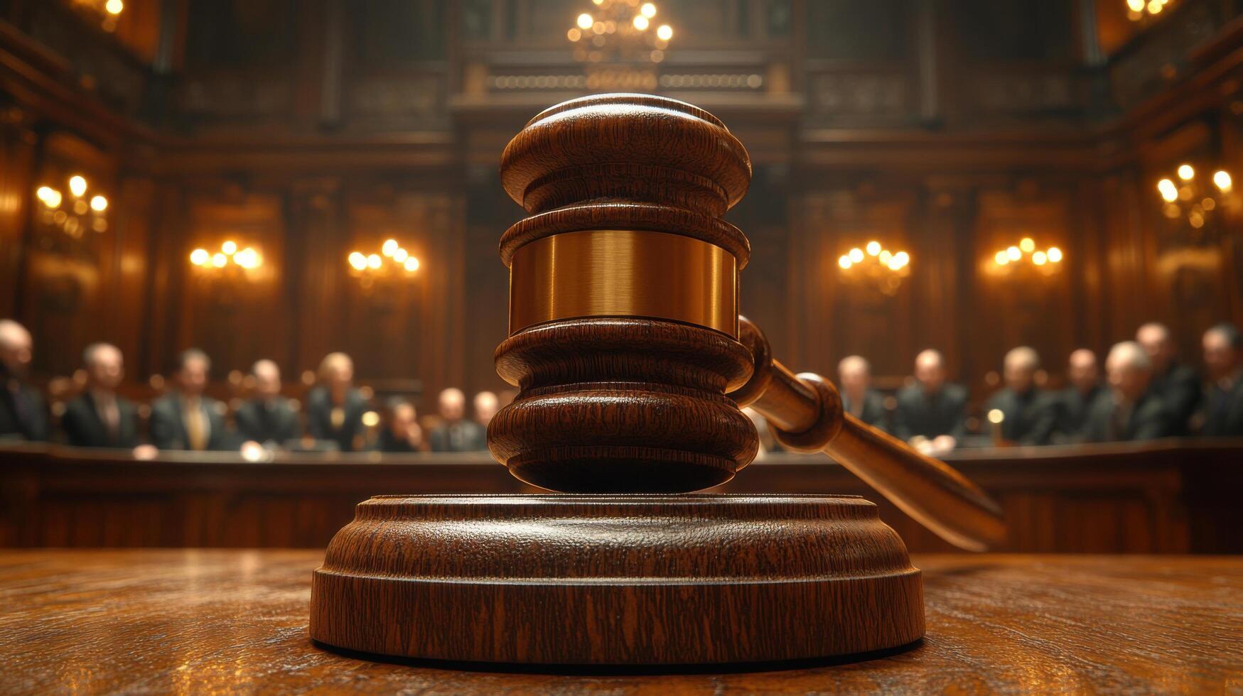 Gavel resting on wooden table in an ornate courtroom with judges in session photo
