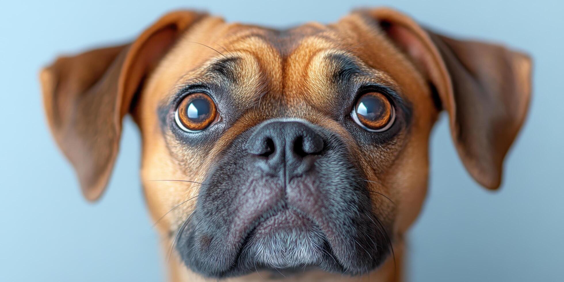 Pug with soulful eyes gazing directly at the camera in a serene indoor setting photo