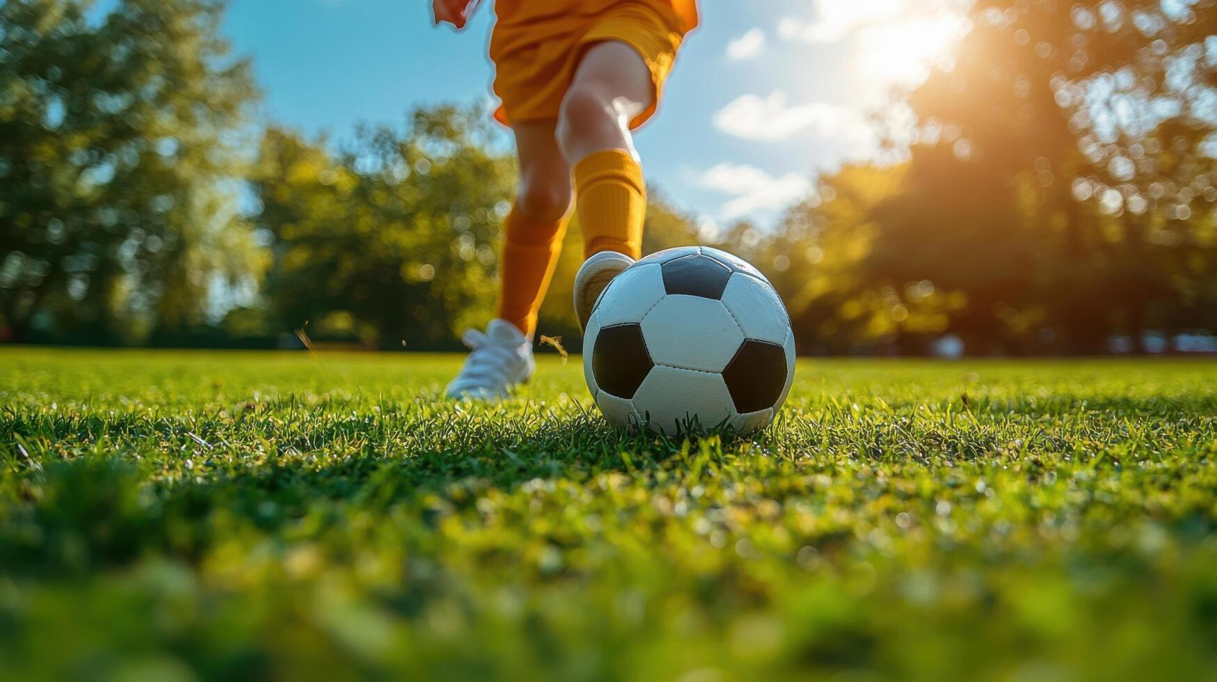Soccer player prepares to kick a ball on a green field during a sunny afternoon in an outdoor sports setting photo