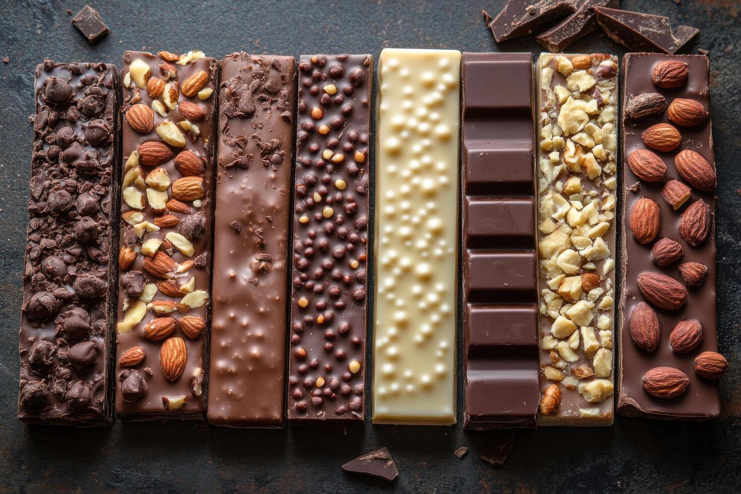 Chocolate bar with nuts and nuts on dark background photo