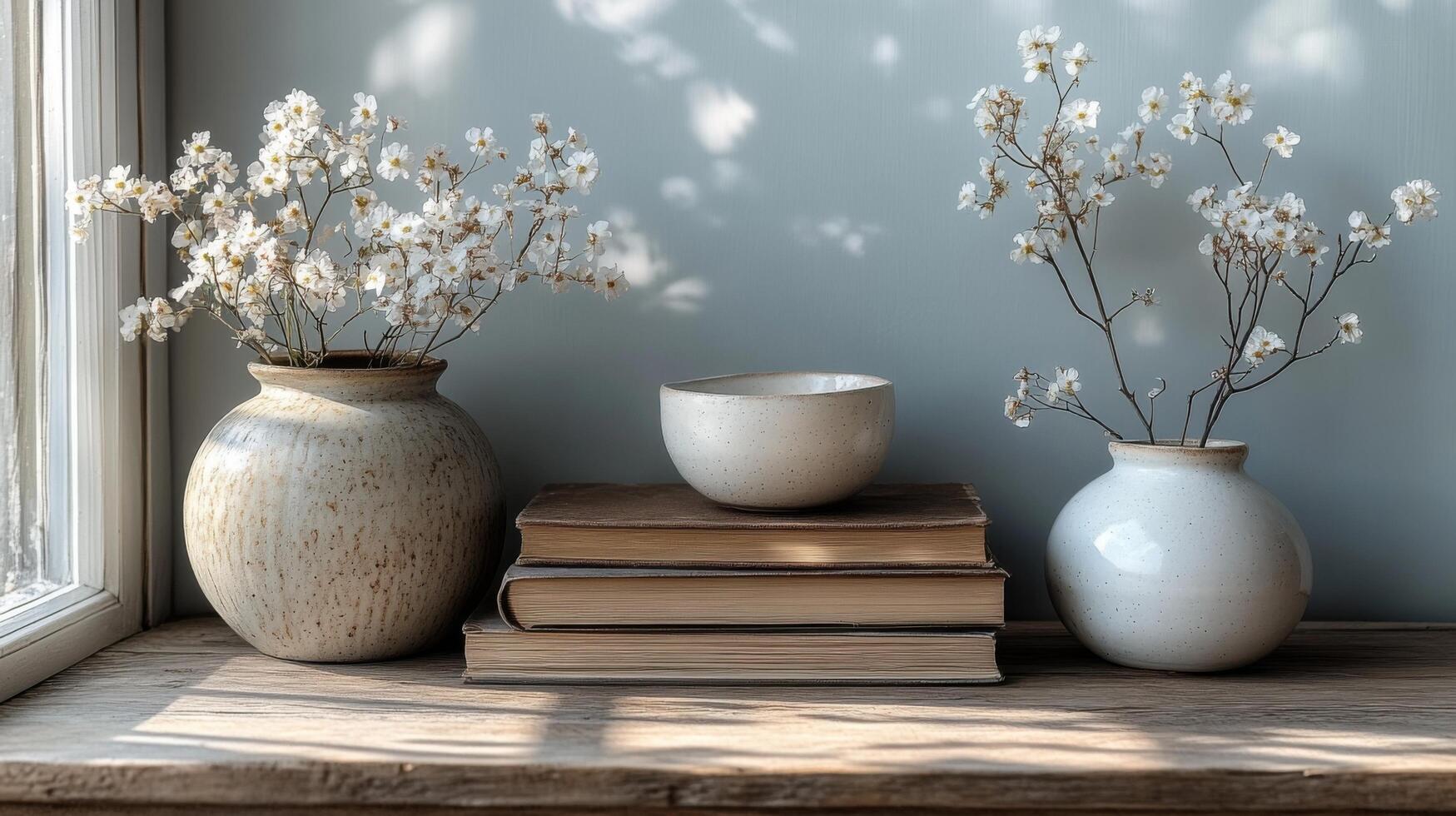 Elegant arrangement of vases with flowers and stacked books on a wooden shelf photo