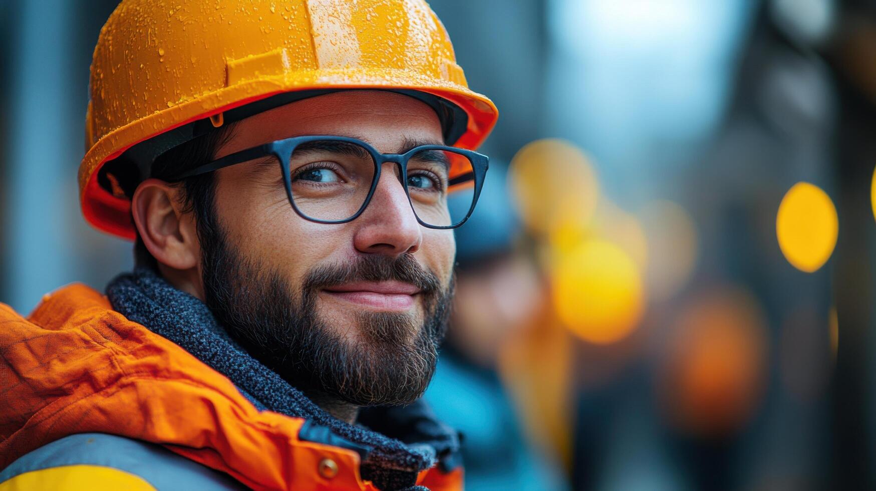 Construction worker smiles at the camera during a rainy day on the building site in an urban area in the evening photo