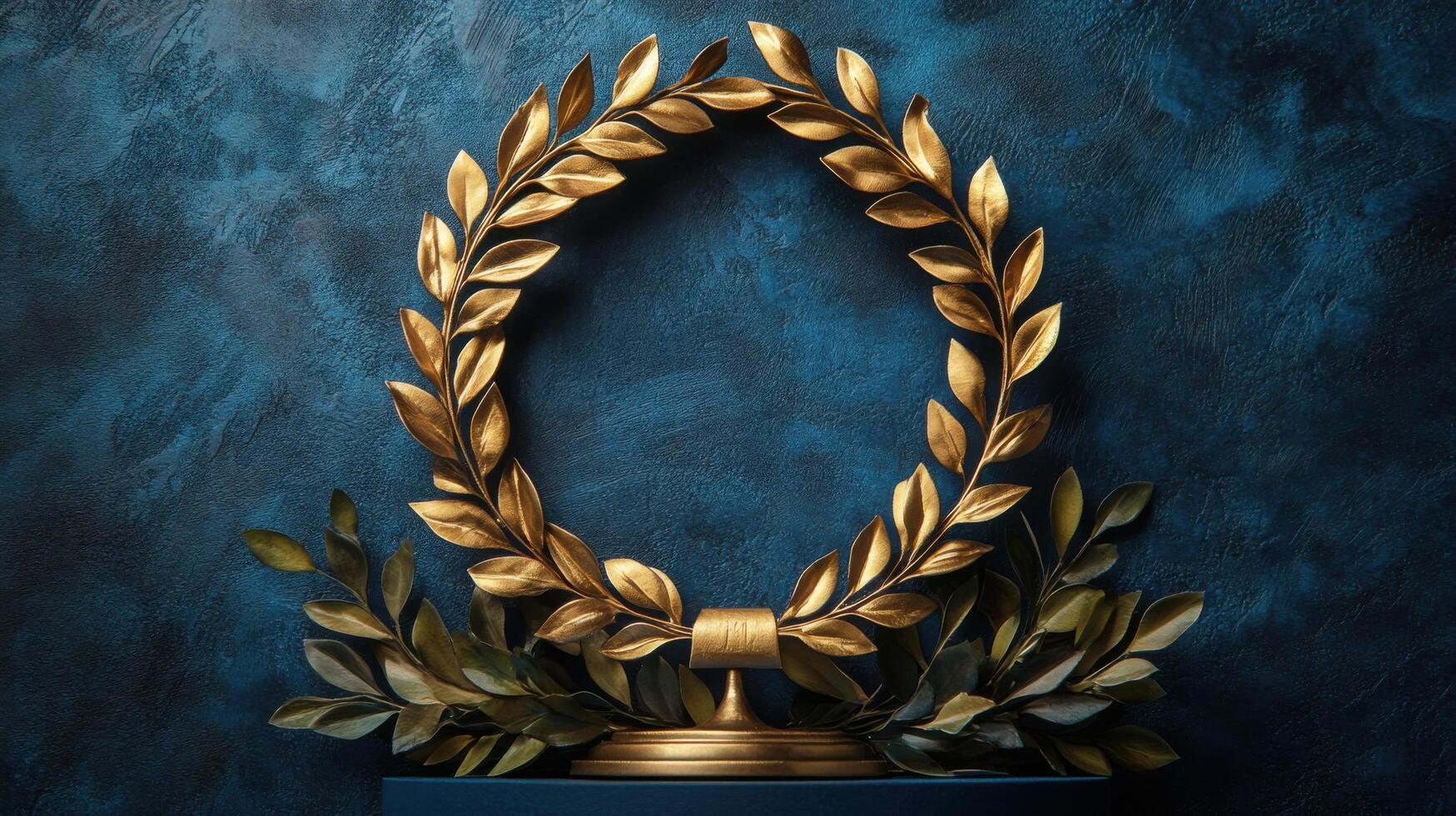 Golden laurel wreath displayed on dark blue background, symbolizing victory and achievement in a classic style photo