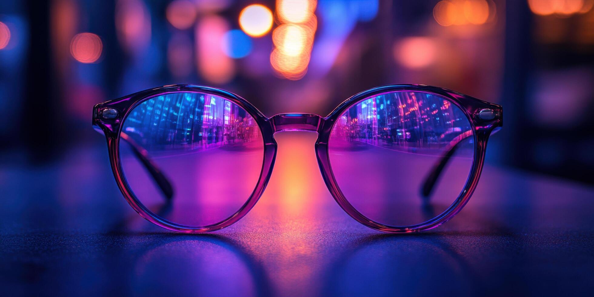 Glasses with purple lenses on a table photo