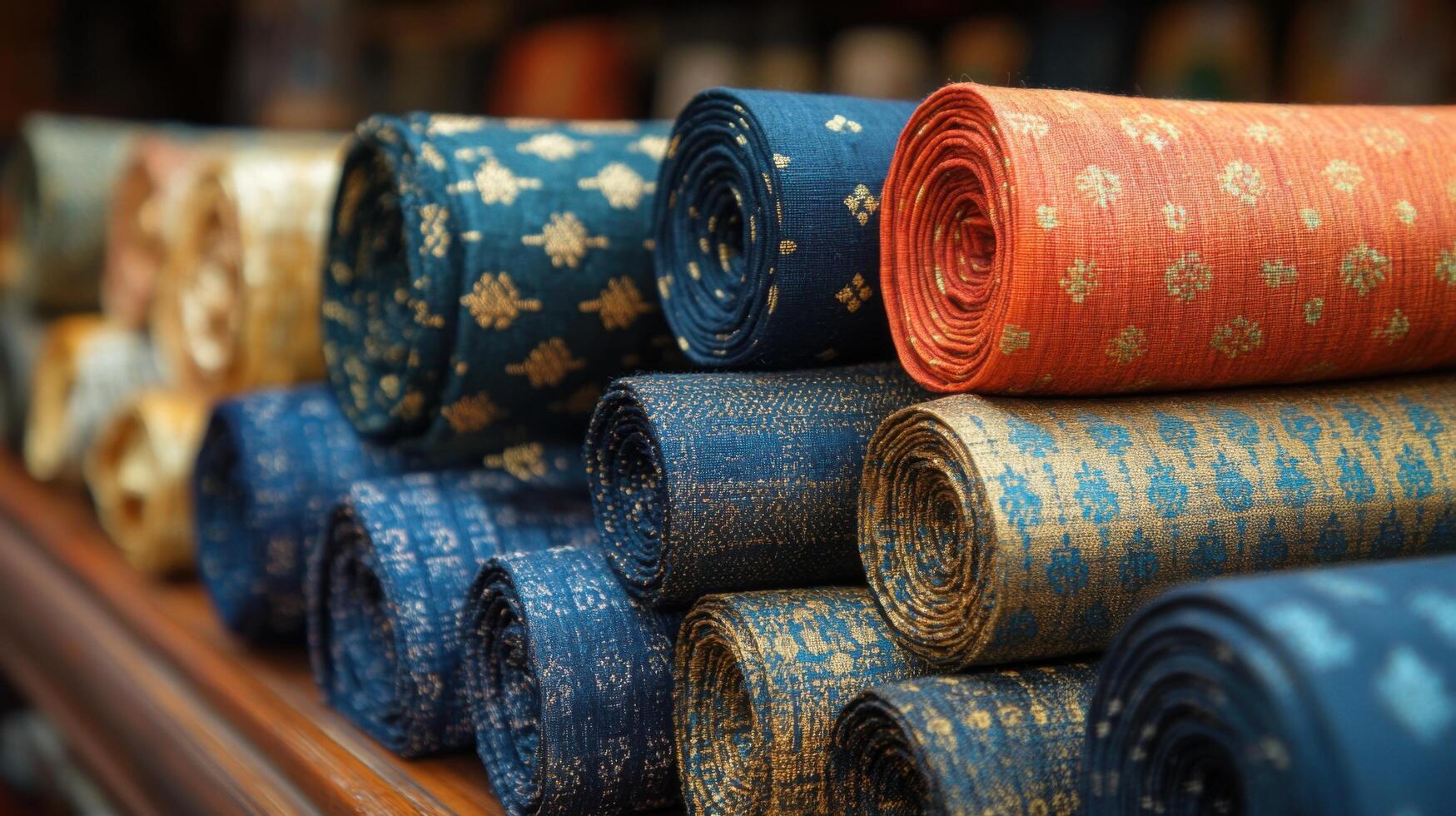 Beautifully rolled fabrics in vibrant colors at a market stall during the afternoon sun photo