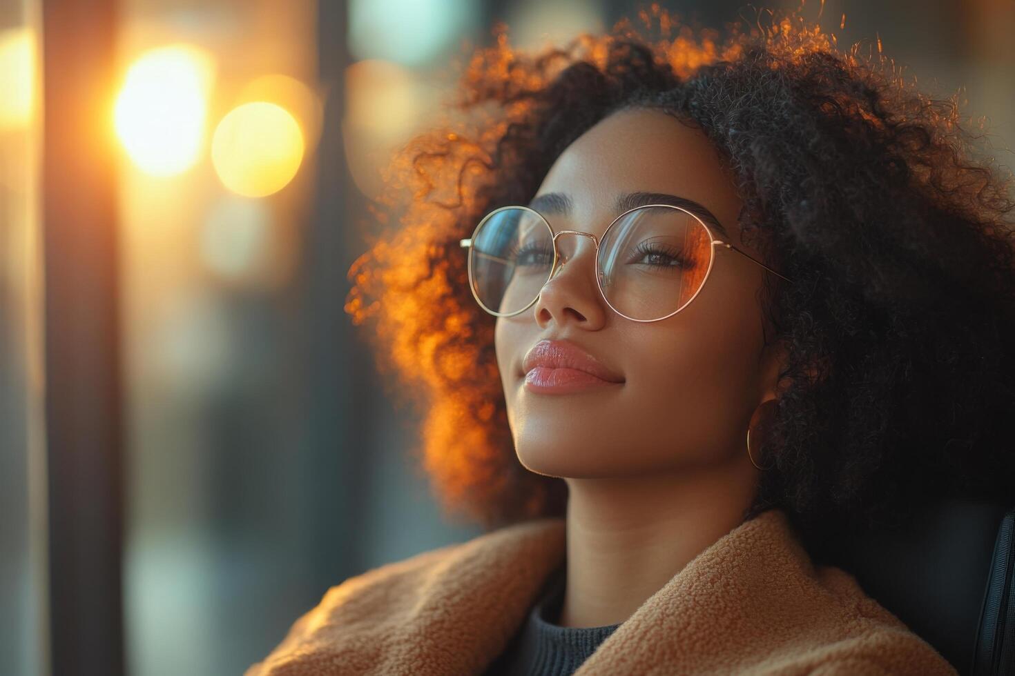 A woman with glasses and a tan coat looking up photo