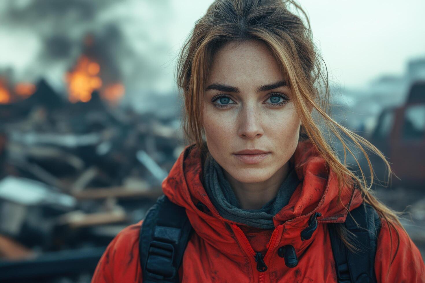 A woman in a red jacket standing in front of a pile of rubble photo