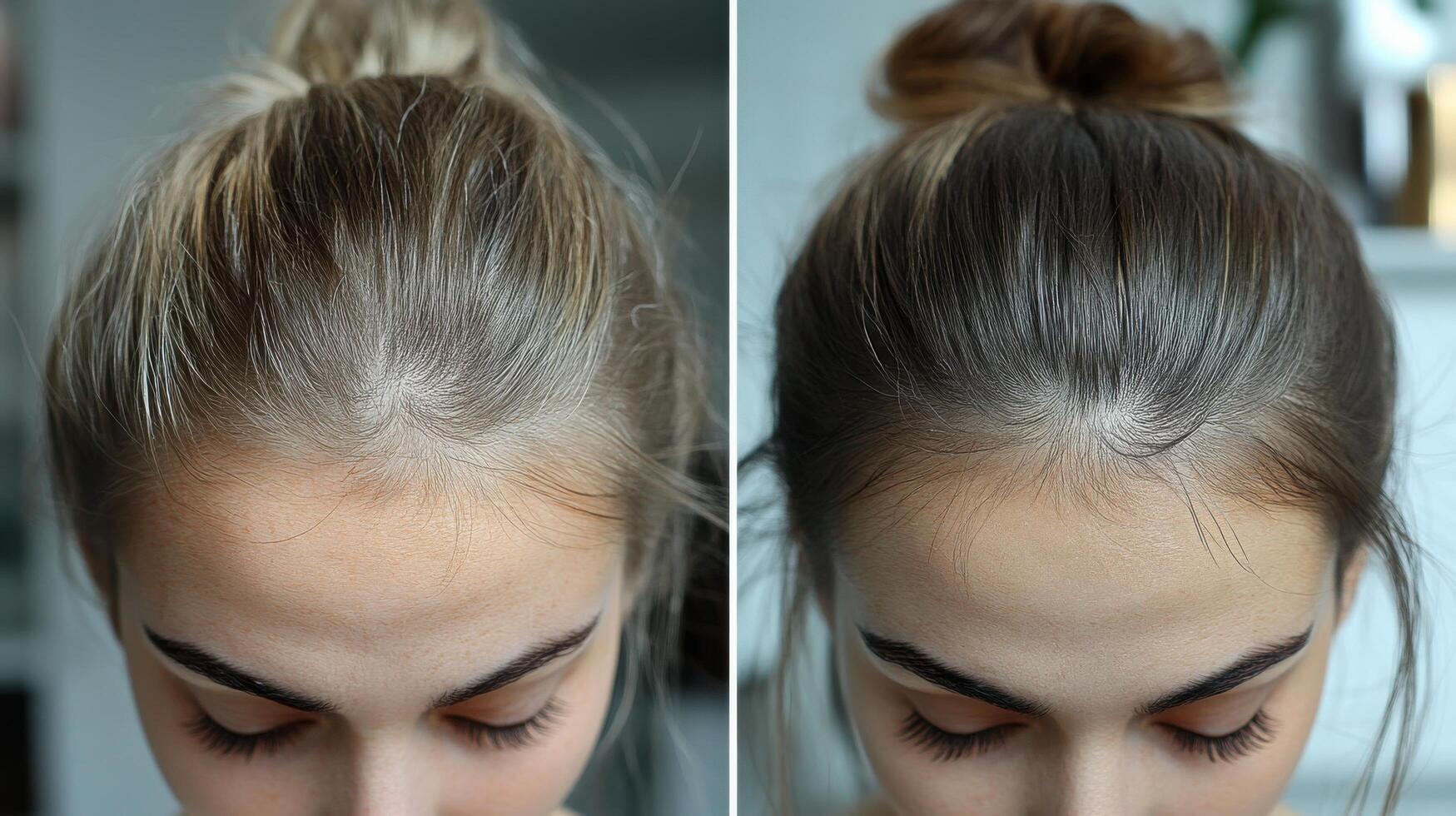 Transformation of hair color with root touch-up at home, showcasing before and after results in a bright indoor setting photo