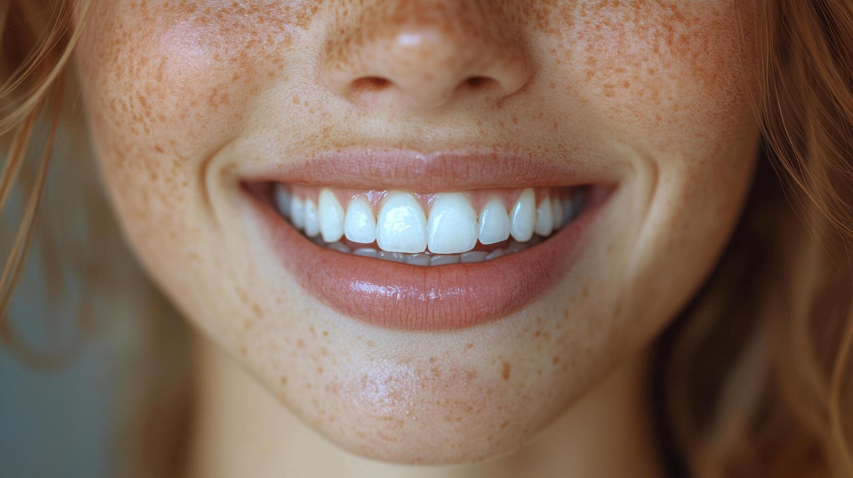 Bright smile of a young woman showing healthy teeth and natural freckles in a close-up setting indoors photo