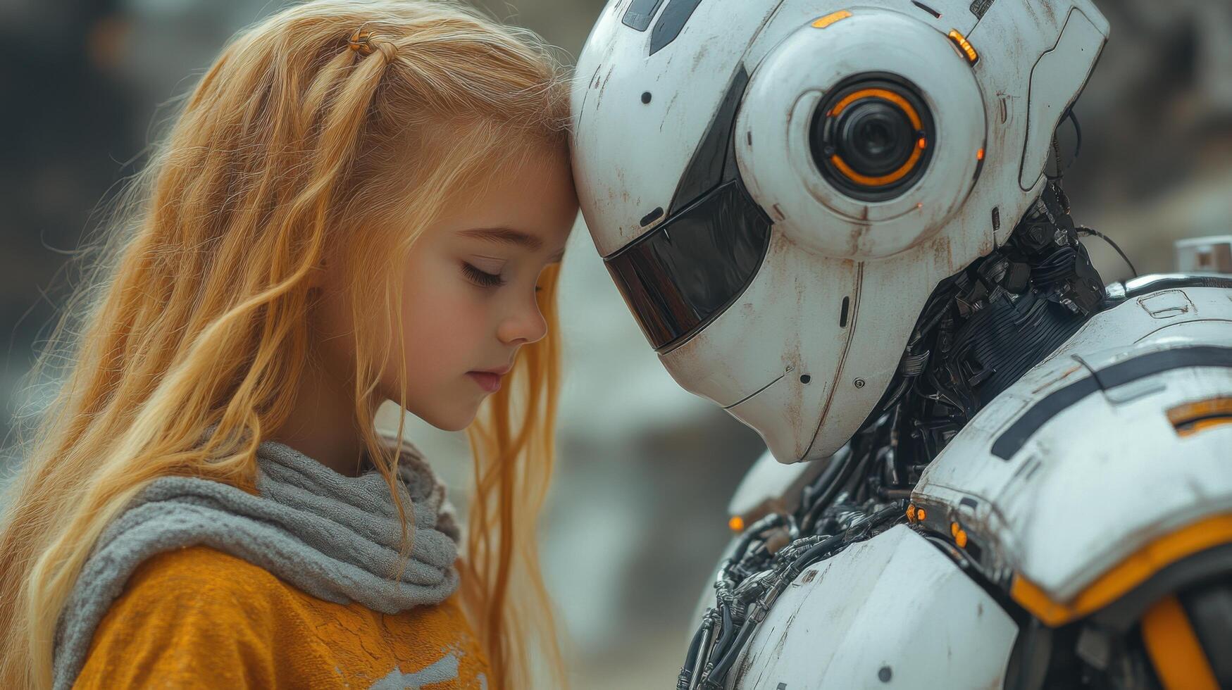 Emotional connection between a young girl and a robot in a futuristic setting during the day photo
