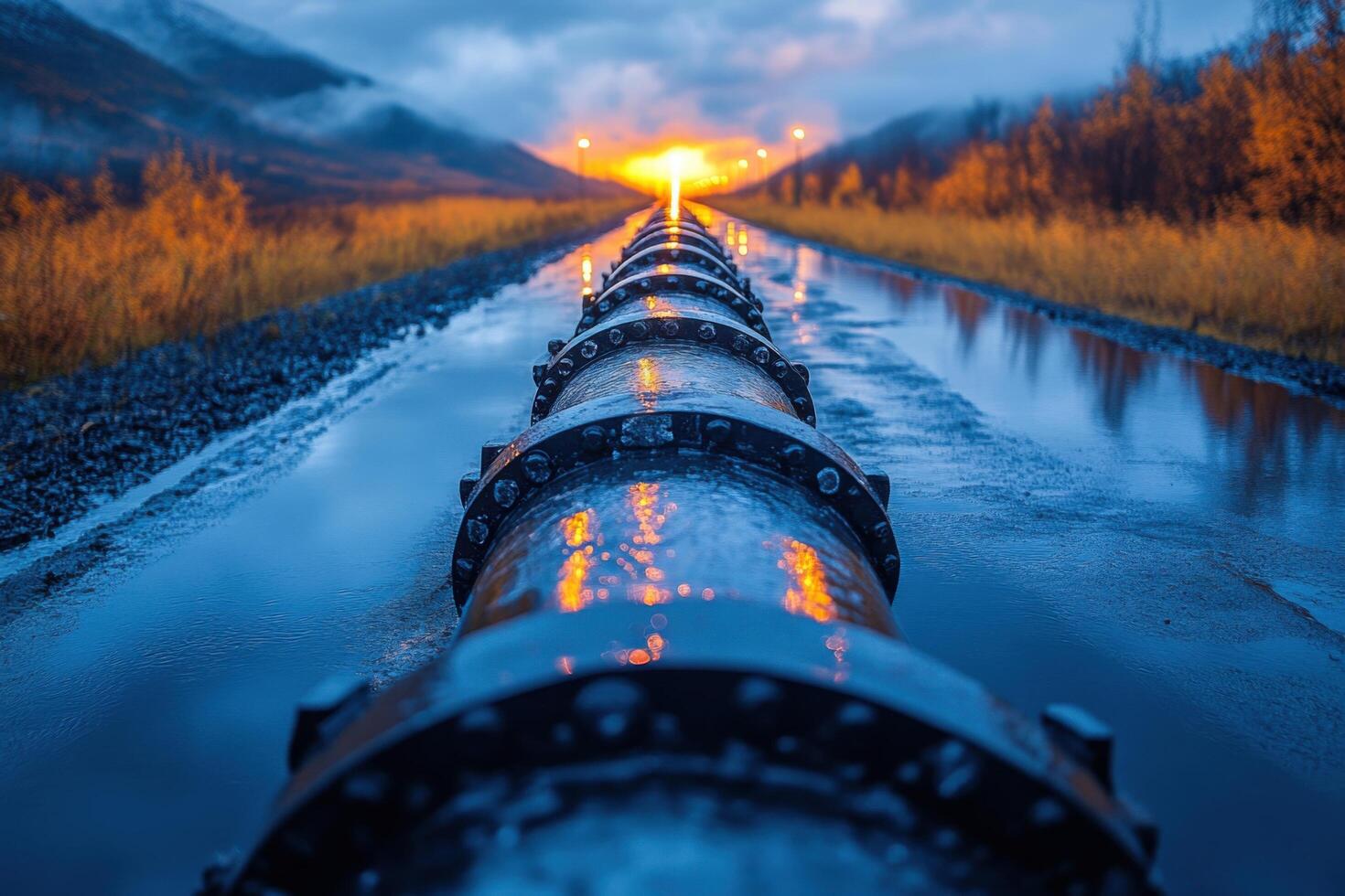 A long pipeline with a sunset in the background photo