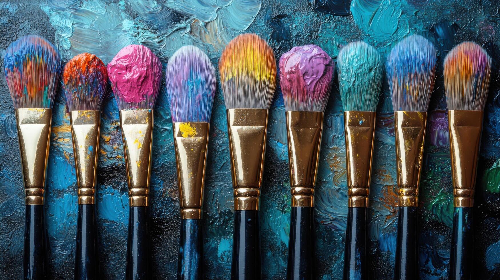 Vibrant paintbrushes lined up with colorful bristles on a textured palette in an artist's studio photo