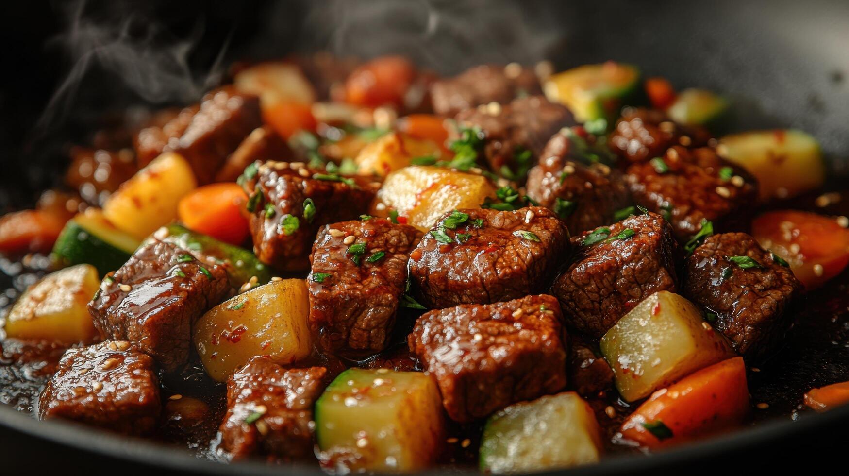 Juicy beef stir fry with colorful vegetables steaming in a hot skillet during a lively dinner preparation at home photo
