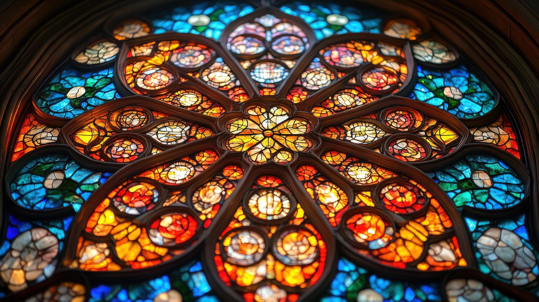 Beautiful stained glass window with vibrant colors and intricate floral designs in a historic cathedral during daylight photo
