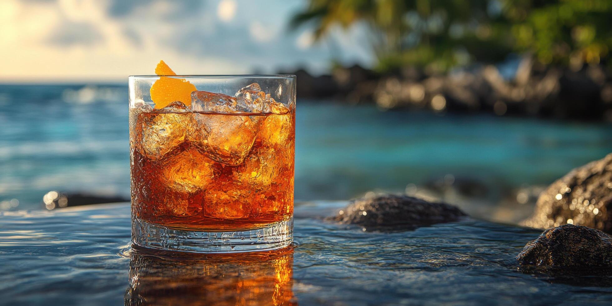 A glass of alcohol sitting on the rocks near the ocean photo