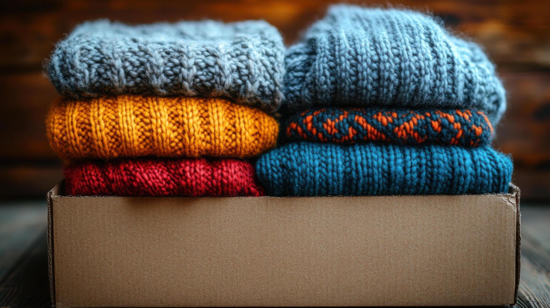 Colorful knitted sweaters neatly stacked in a box for winter fashion display in a cozy setting photo