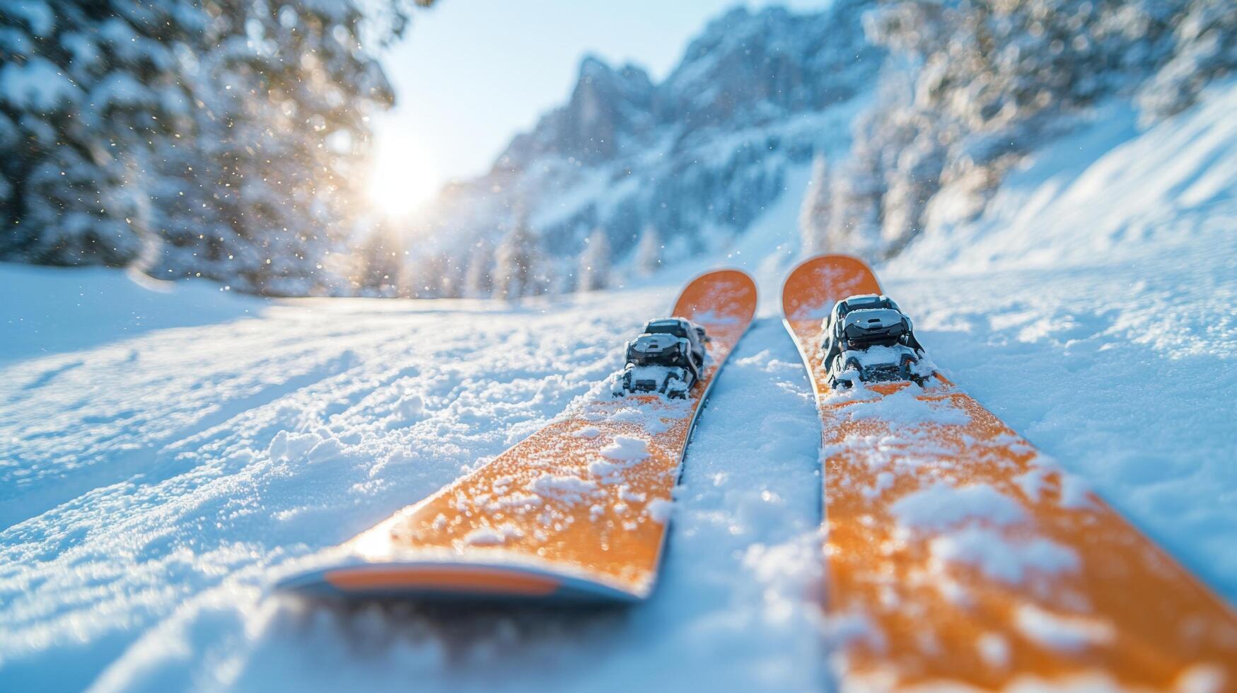 Skiing adventure in winter landscape with snow-covered mountains and sunlight shining through trees photo