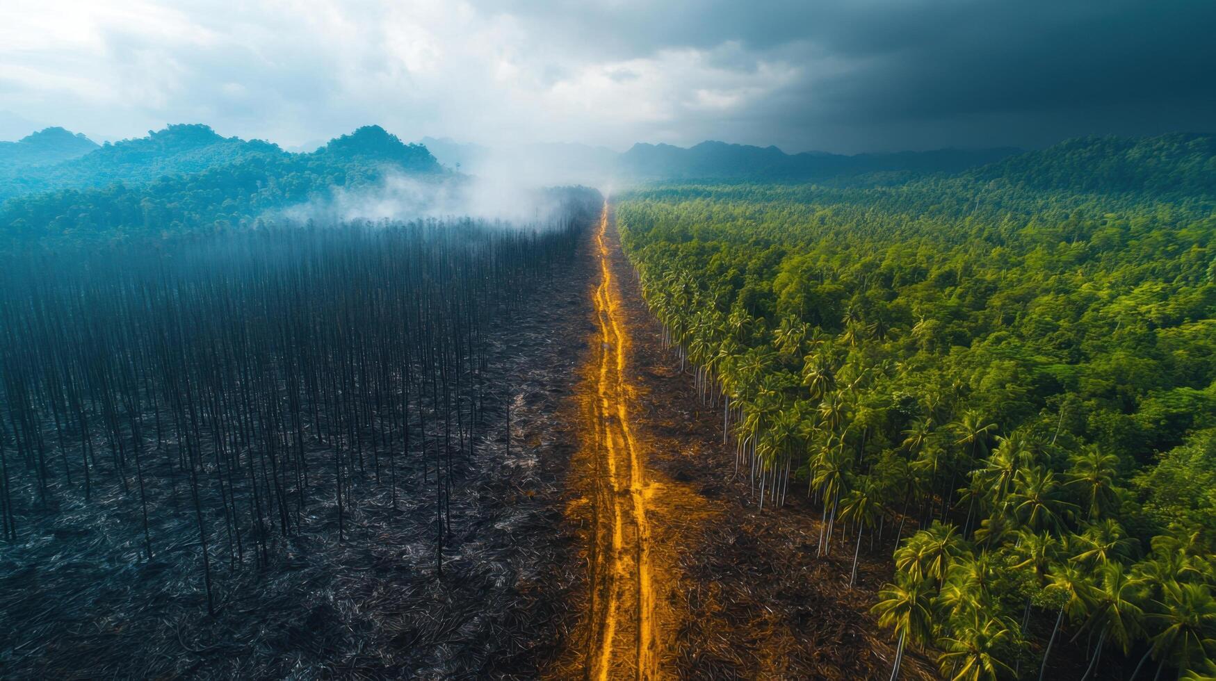 Destruction and renewal in tropical forest landscape highlighting deforestation and regrowth after wildfire event in the wilderness photo