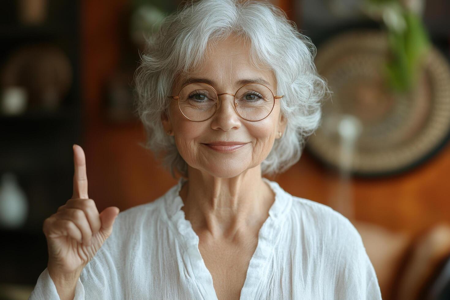 An older woman with glasses and a white shirt is pointing at something photo