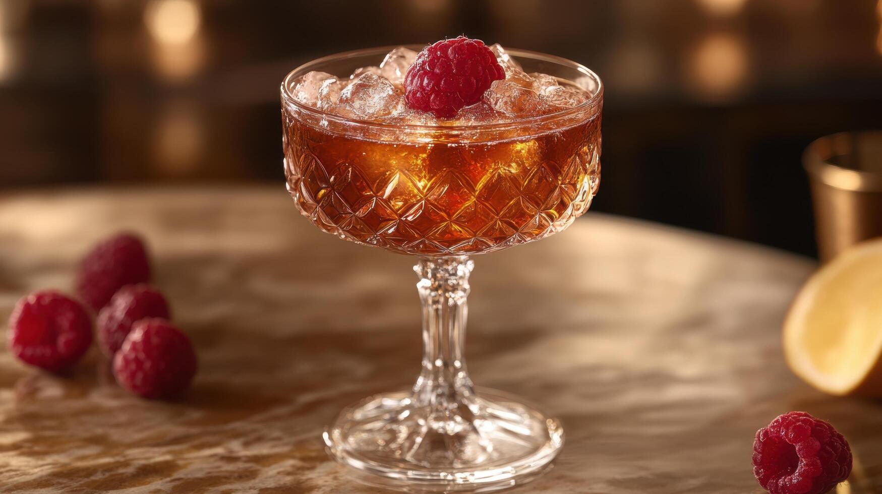 Delicious raspberry cocktail served in an elegant glass with crushed ice and garnished with fresh raspberries photo