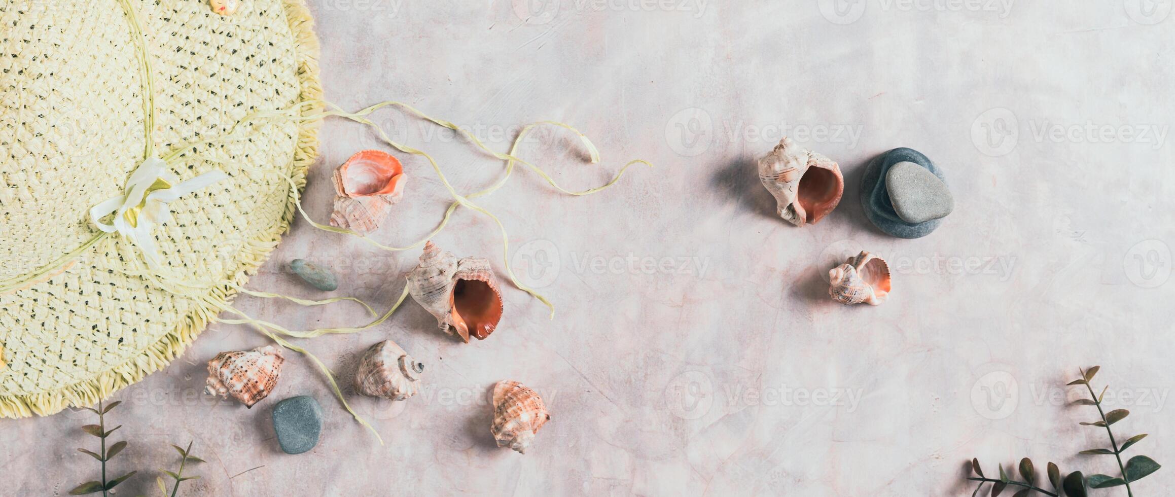 Travel background, hat, shells, stones and branches top view web banner photo