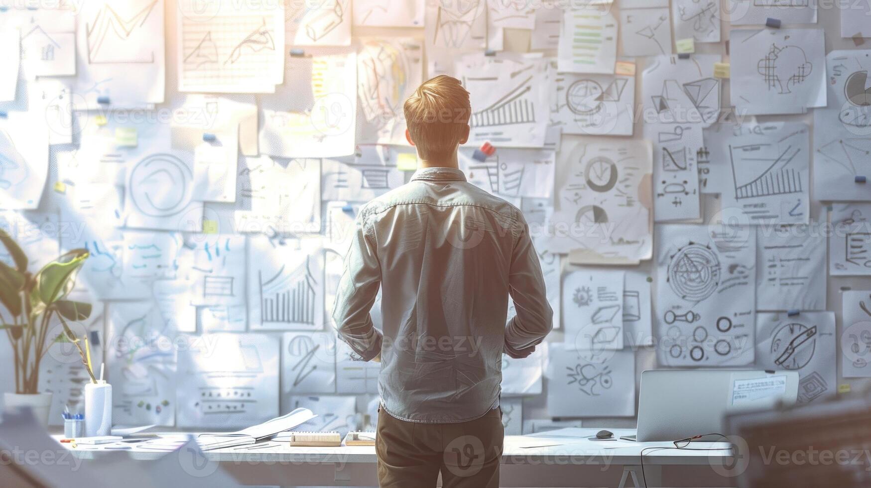A man standing in front of a wall covered with paper photo
