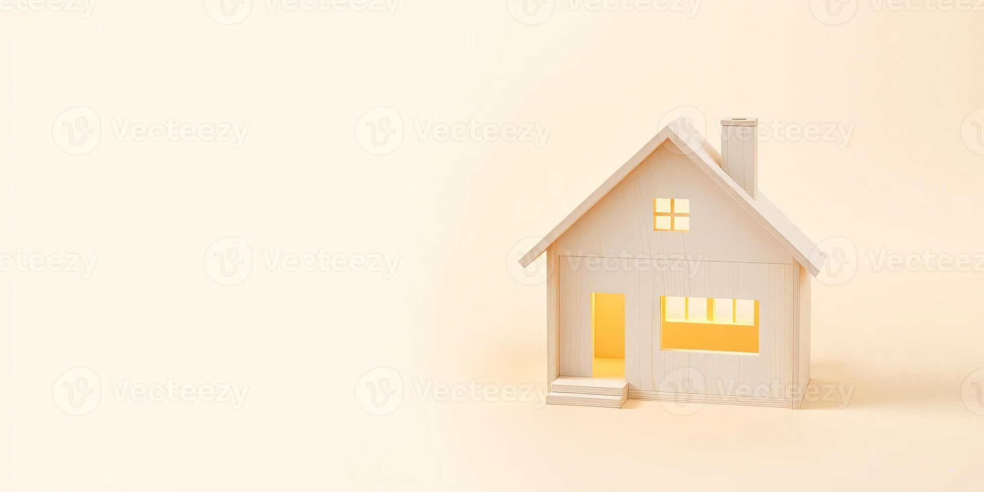Warm glowing wooden house model on cream background with copy space, Innovative home energy solutions and sustainable living concepts photo
