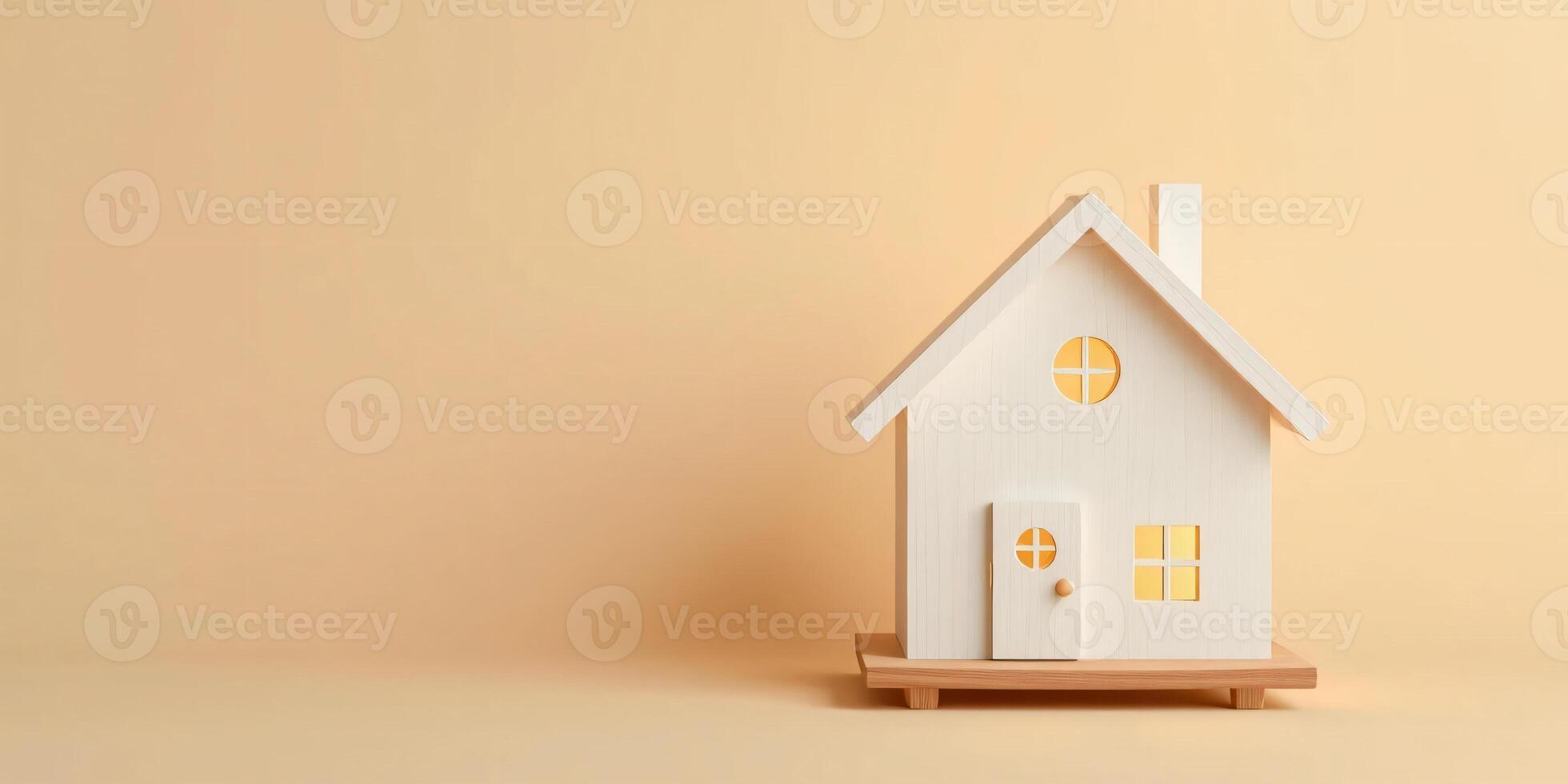 Minimalist wooden house model on cream background with copy space, Cozy wooden miniature house, Symbolizing eco living photo