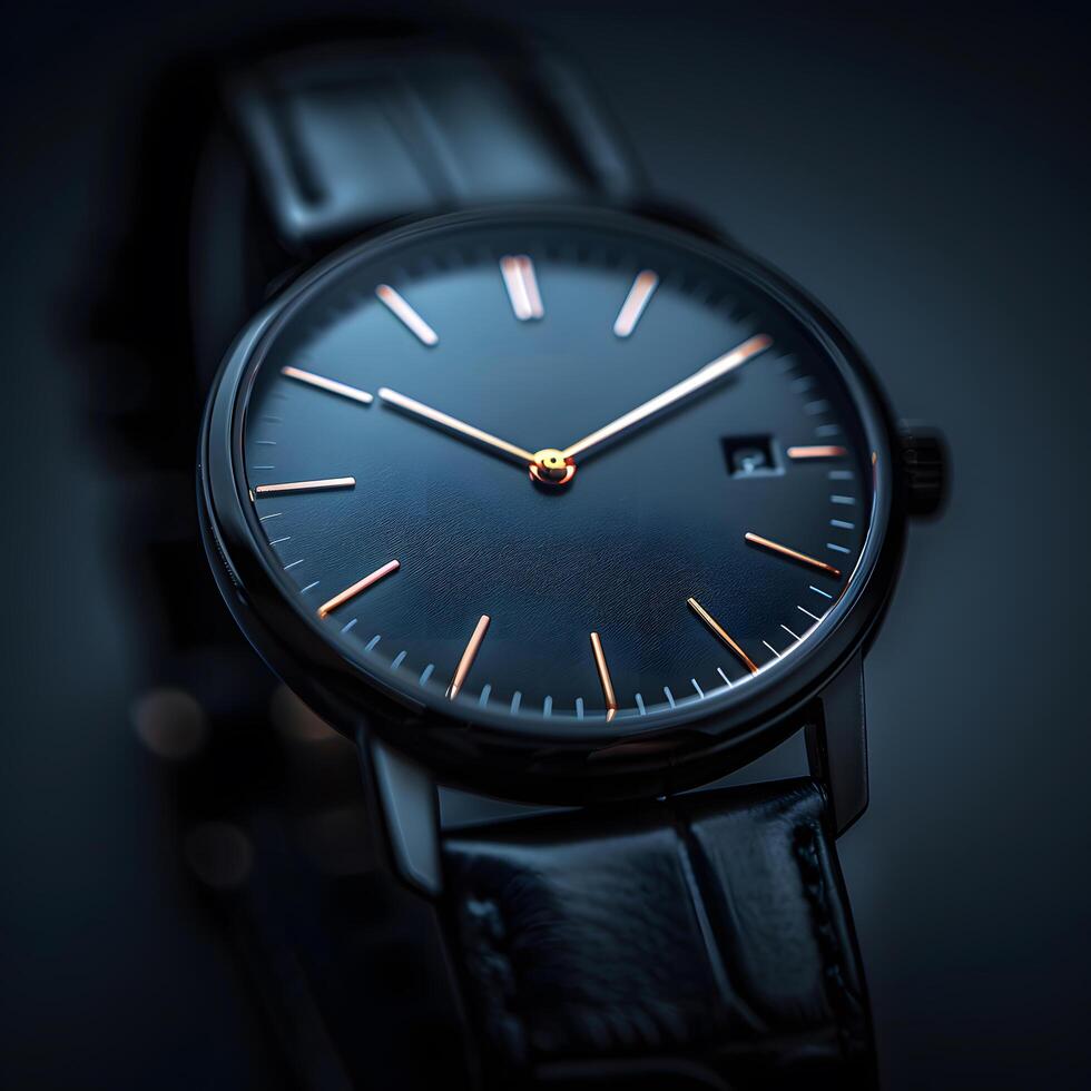 Stylish leather strap wristwatch with black dial and golden hands photo