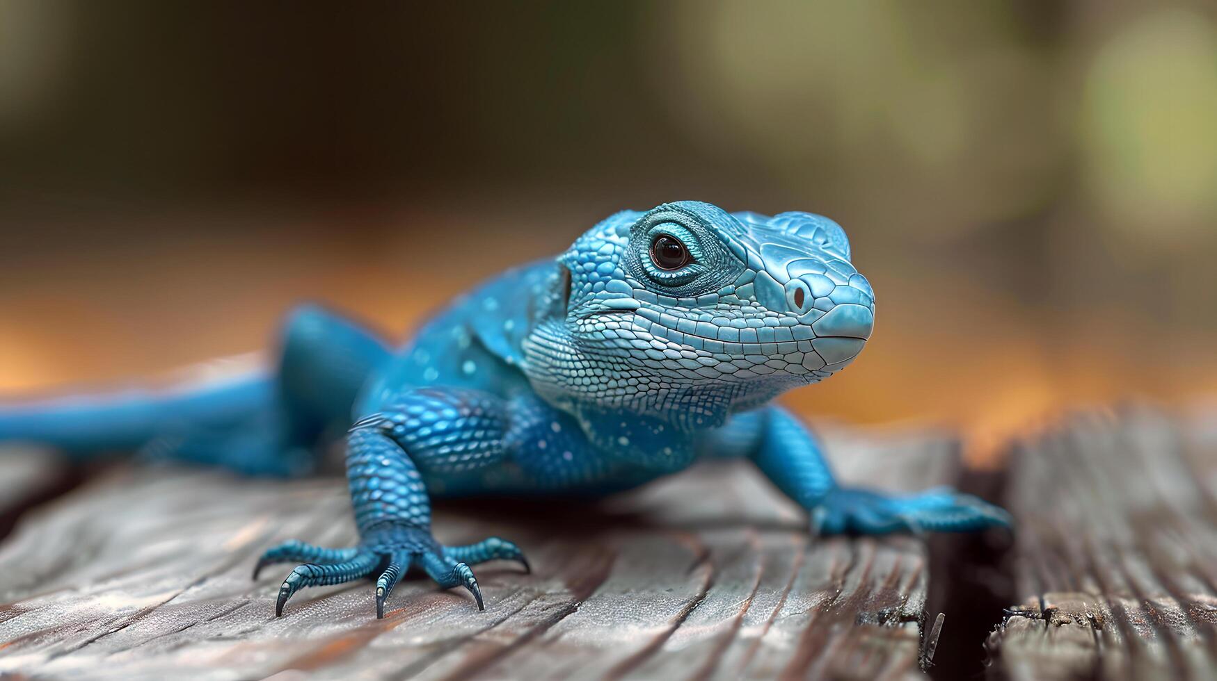 vibrant blue lizard resting on wooden surface with shallow depth of field photo