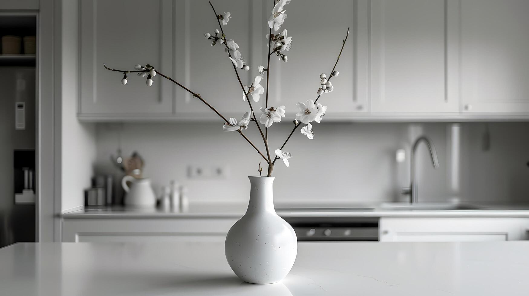 Minimalist white kitchen with simple flower vase on counter in soft black and white tones photo