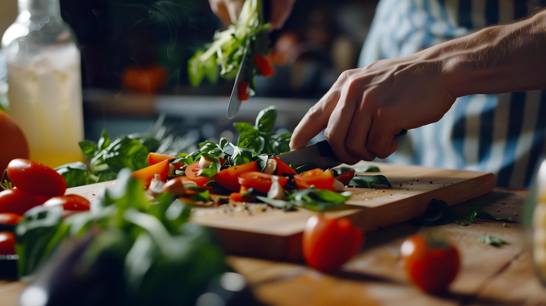 hands garnishing fresh vegetable salad in kitchen setting photo