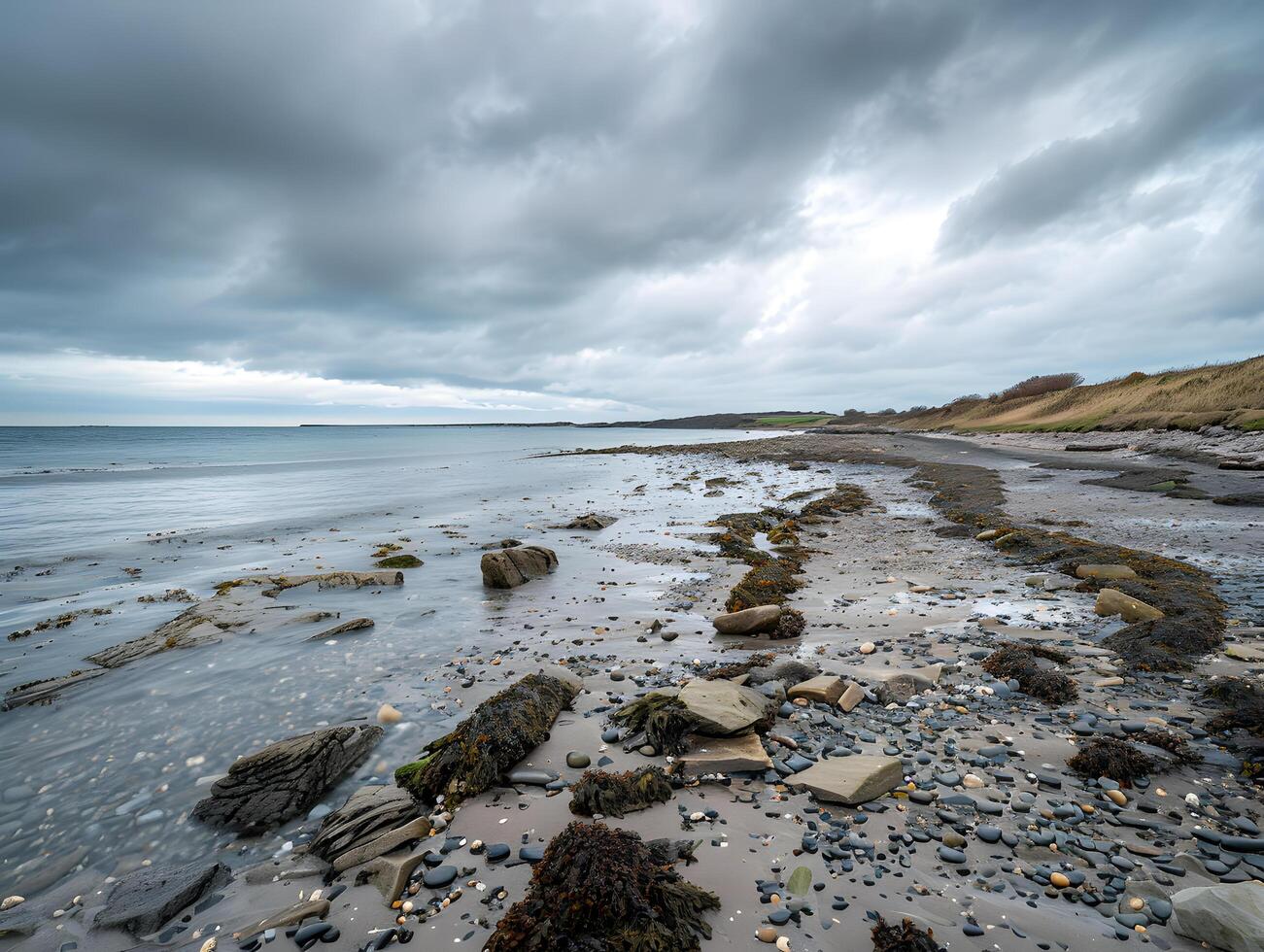 overcast coastal scene with seaweed rocks waves and cloudy sky along wild shoreline photo