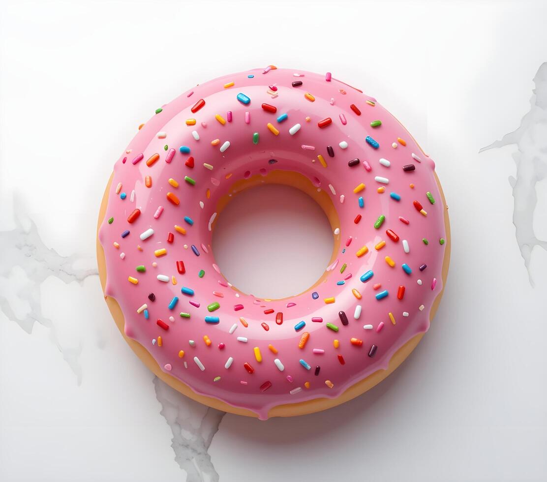 Delicious Pink Glazed Donut with Colorful Sprinkles on White Marble photo